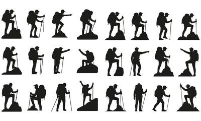 Hiking Silhouette Icon Set  Trekking, Backpacker, and Outdoor Adventure Vector Collection
