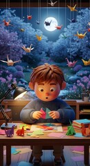 Child intensely focused on creating paper animals, with colorful origami scattered across the table. Evening light illuminates the scene.