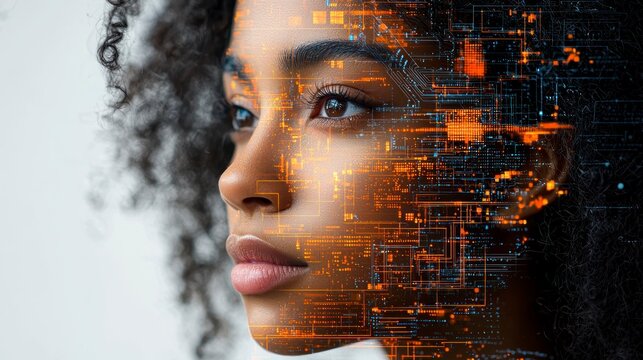 Woman's face overlaid with digital circuit pattern