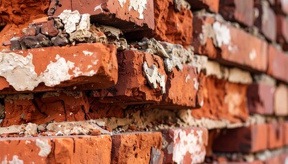 Close-up of Damaged Red Brick Wall, Crumbling Mortar, Texture Detail