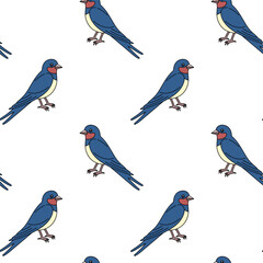 Swallow seamless pattern in cartoon style. Outline illustration. Hand drawn doodle swallow. Spring birds vector. Vector