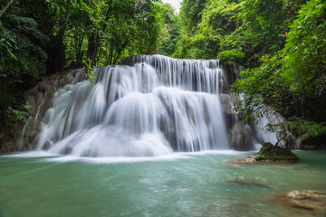 Huay Mae Khamin waterfall in emerald green pool in National Park, tropical forest, Tier 3 Wang Na Pha, Kanchanaburi, Thailand