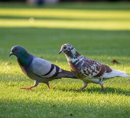 Obraz premium A pair of pigeons stands face-to-face on a green lawn, bathed in sunlight. One bird is gray, the other has mottled brown and white feathers 