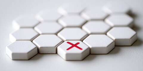 A close-up of hexagonal tiles, predominantly white, with one tile marked by a red 'X', suggesting a game or puzzle context.