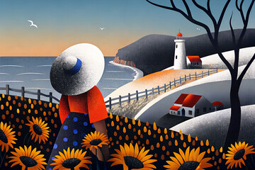 海辺のヒマワリ畑と建物と人の後ろ姿
