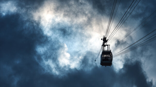 Cable car silhouette suspended in dramatic cloudy sky at sunset with strong contrast and moody atmosphere - Powered by Adobe