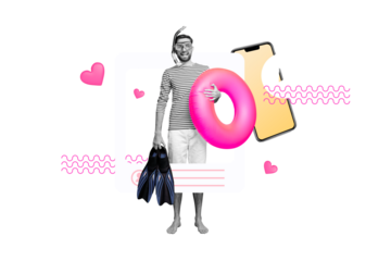 Composite artwork collage of app image frame blogger like profile summer vacation young man stand hand hold floating ring diving equipment