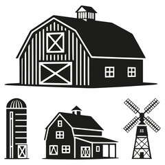 Farm Silhouette Icon Set Barn, Silo, and Windmill Rural Building Vector Collection
