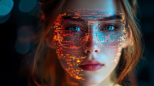 Woman's face overlaid with digital code - Powered by Adobe