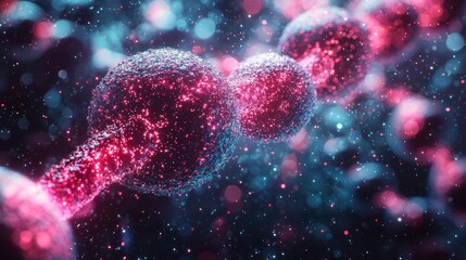 Glowing spheres linked by vibrant strands in a dark, bokeh-filled space