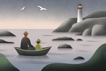 海辺で小舟に乗る親子
