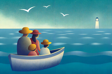 小舟に乗って海に出る親子
