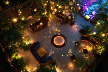 Eco-lounge area illuminated with soft lights during a cultural festival showcasing vibrant plants and cozy seating arrangements perfect for relaxation and social gatherings