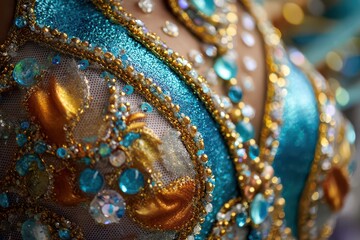 Obraz premium Captivating details of a samba costume highlight the vibrant colors and intricate embellishments during a cultural festival celebration in Brazil's carnival season