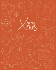 Doodle vintage Merry Christmas greeting card. Ink sketch style poster. Retro vector illustration.