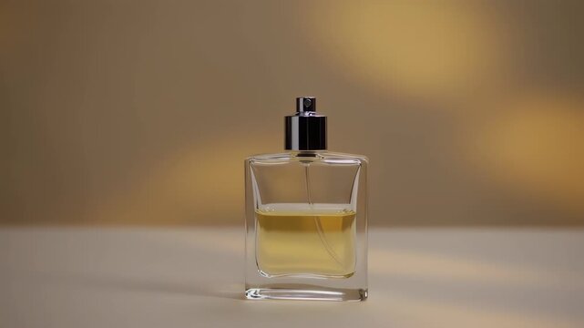 Clear glass perfume bottle with a light golden liquid inside, sitting on a muted beige surface.  Soft, diffused lighting creates a subtle gradient background