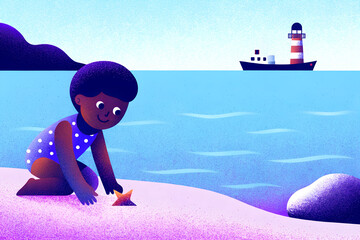 船と灯台をバックに砂浜で遊ぶ子供
