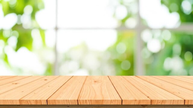Wood table platform overlayed on a blurred outdoor greenery background