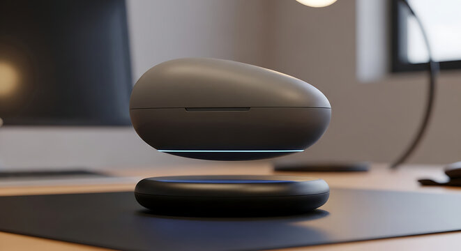 Futuristic levitating computer mouse on a desk with modern technology