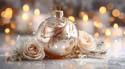 Elegant Christmas glass ornament, decorated with details in soft beige and gold tones,