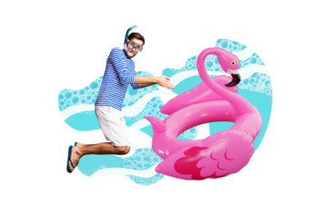 Composite photo collage of excited man wear swim equipment mask tube dive lifebuoy flamingo ocean swimmer isolated on painted background