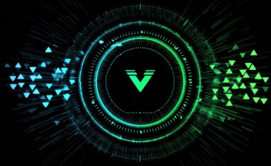Abstract digital art featuring a central glowing green "V" within concentric circles, surrounded by radiating teal and green light streaks and scattered triangles