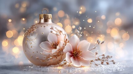 Elegant Christmas glass ornament, decorated with details in soft beige and gold tones,