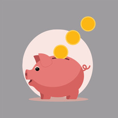 Pink Piggy Bank With Falling Gold Coins On Gray Background Keywords: piggy bank, saving, money, coins