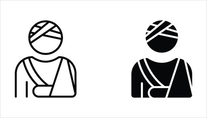 Injured man in bandage icon set. Simple outline style. Broken arm,Vector illustration isolated on white background. Editable stroke EPS 10.