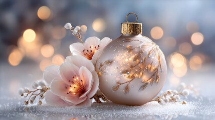 Elegant Christmas glass ornament, decorated with details in soft beige and gold tones,