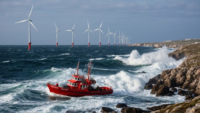 Red tugboat navigating rough seas near offshore wind farm