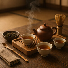Fototapeta premium Japanese tea ceremony with teapot and cups. Traditions. Spa. Relaxation.