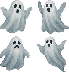 Collection of watercolor painted illustrations of halloween ghosts each isolated