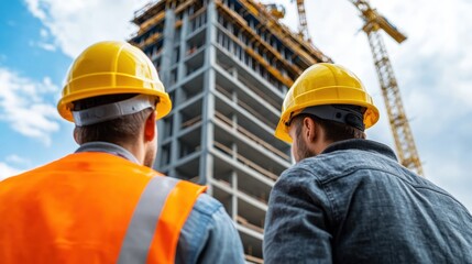 Two construction workers observe a tall building under construction, wearing safety helmets and vests, highlighting teamwork in the construction industry.