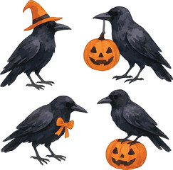 Fototapeta premium Collection of watercolor painted illustrations of halloween crows each isolated