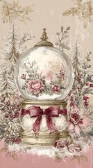 old-fashioned snow globe, with a christmas tree inside the glass ball,set against a delicate pink background in a vintage style.