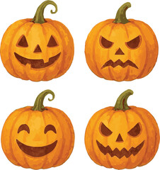 Collection of watercolor painted illustrations of halloween pumpkins each isolated