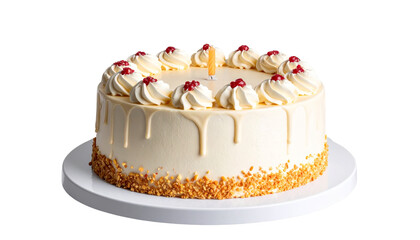 A delightful birthday dessert with fresh strawberry and raspberry cream cheese frosting on a delicious chocolate cake on White Background