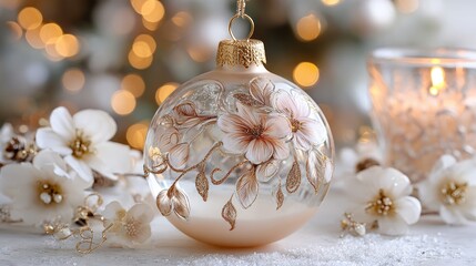 Elegant Christmas glass ornament, decorated with details in soft beige and gold tones,