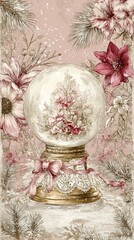 old-fashioned snow globe, with a christmas tree inside the glass ball,set against a delicate pink background in a vintage style.