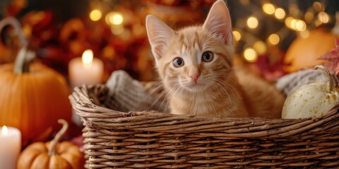 Adorable ginger kitten sitting inside a wicker basket surrounded by pumpkins, candles, and autumn leaves, glowing lights in the background create a warm and festive Halloween atmosphere.