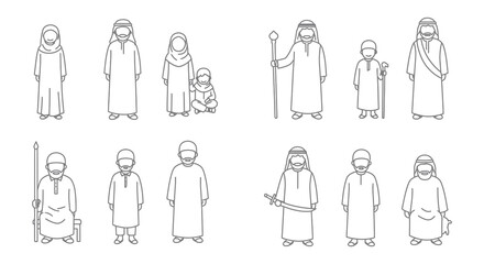 traditional attire figures depicted in various poses and settings