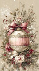old-fashioned snow globe, with a christmas tree inside the glass ball,set against a delicate pink background in a vintage style.