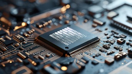 Close-up of a microchip on a circuit board, showcasing intricate details and gold connectors