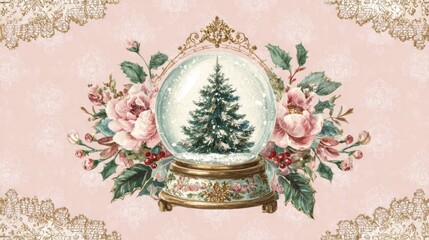 old-fashioned snow globe, with a christmas tree inside the glass ball,set against a delicate pink background in a vintage style.