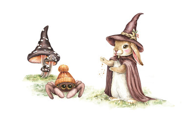 Сute Halloween bunny in wizard's costume, funny spider in hat, fly agaric mushrooms, green grass. Wild forest animal. Hand drawn watercolor fall illustration isolated on white. Kids magic print.