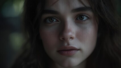 Close-up portrait of a young woman with dark hair and brown eyes, looking directly at the camera