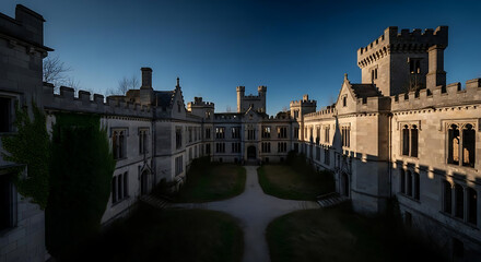 Fototapeta premium Aerial view of a large stone castle with multiple towers and a central courtyard on a sunny day ai generated