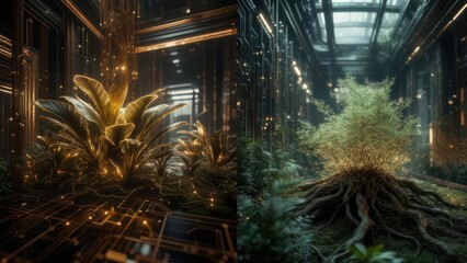 Futuristic indoor garden with glowing plants and intricate details