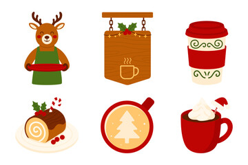 Festive Christmas Café and Holiday Treats with Reindeer Barista, Hot Drinks, Yule Log Dessert, and Cozy Seasonal Elements